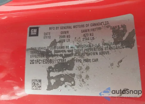 2011 Chevrolet Camaro 2Lt z USA, uszkodzony, nr VIN 2G1FC1ED9B9112381